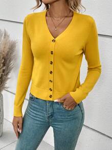 SHEIN Frenchy Solid Button Front Cardigan,Long Sleeve Tops,Knitted Sweater In Fall/Winter Casual