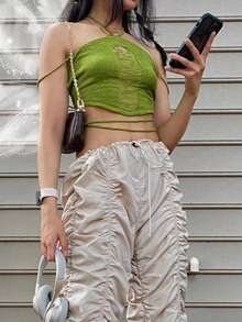 Ripped Tie Backless Halterneck Crop Knit Top - Lime Green - View 4