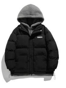 男士字母拼接抽绳下摆连帽棉服外套