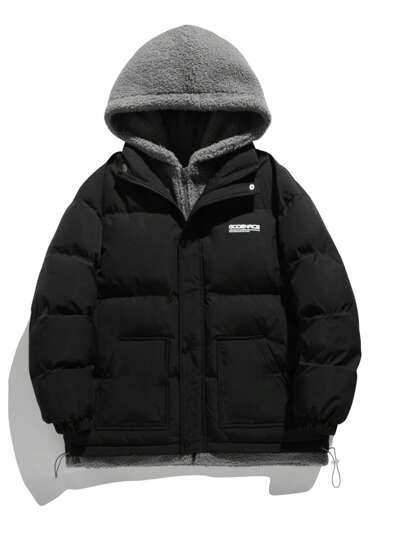 Cappotto imbottito con cappuccio, fondo con cordoncino e patch con lettera per uomo