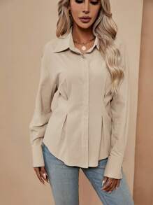 SHEIN LUNE 褶皺細節落肩袖襯衫 - 卡其色 - 查看 3