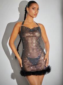 SHEIN BAE Vestido halter ribete lanudo con diamante de imitación con diseño de tachuela de espalda abierta de malla sin set de lencería - Negro - Ver 2