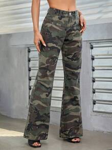 SHEIN ICON 迷彩印花牛仔喇叭褲 - 軍綠色 - 查看 5