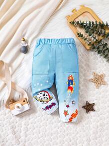 男嬰卡通圖案長褲 - 淺藍色 - 查看 1