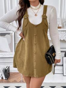 SHEIN Franclia Plus Button Front Overall Dress Without Tee - Olive Green - View 1