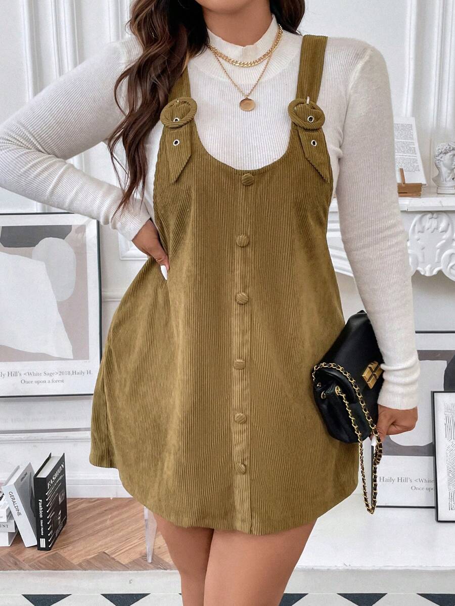 SHEIN Franclia Plus Button Front Overall Dress Without Tee - Olive Green - View 1