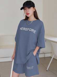DAZY Letter Graphic Drop Shoulder Tee & Shorts - Dusty Blue - View 1