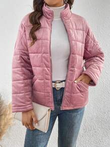 SHEIN LUNE Áo khoác đệm vai thả khóa kéo - Bụi hồng - Xem 4