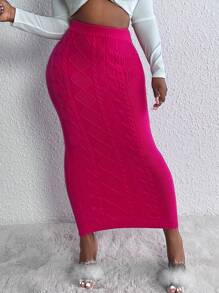 Slaydiva Falda de punto de cable sólido para otoño/invierno - Rosa Fucsia - Ver 4