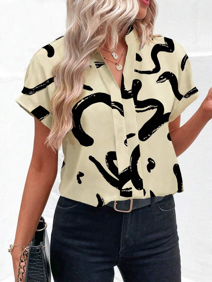 SHEIN Clasi Graphic Print Batwing Sleeve Blouse - Apricot - View 1