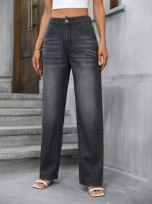 SHEIN Essnce 斜口袋直筒牛仔褲 - 深灰色 - 查看 5