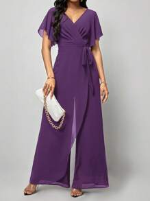 SHEIN Clasi Butterfly Sleeve Wrap Belted Jumpsuit