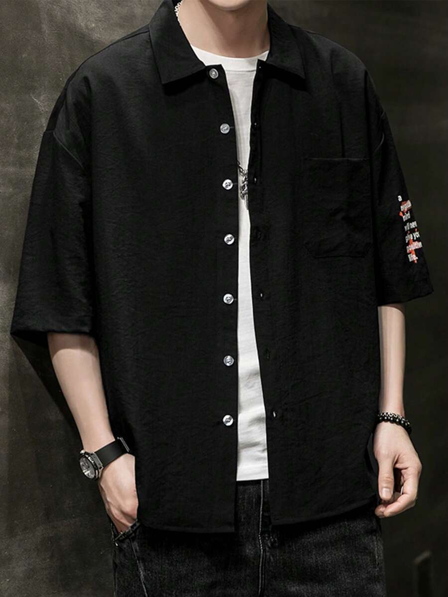 Men Letter Graphic Drop Shoulder Shirt - Black - View 1