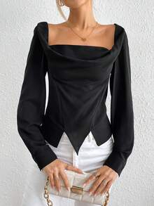 SHEIN Essnce Square Neck Asymmetrical Hem Blouse - Black - View 4