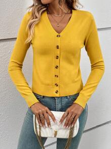 SHEIN Frenchy Solid Button Front Cardigan,Long Sleeve Tops,Knitted Sweater In Fall/Winter Casual