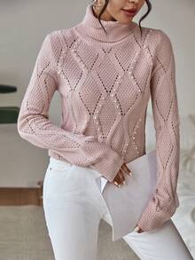 SHEIN LUNE Áo len dệt kim cao cổ Pointelle - Màu Hồng baby - Xem 5