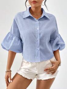 SHEIN Privé In sọc Tay áo lồng đèn Áo sơ mi - Xanh và trắng - Xem 4