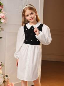 SHEIN Tween Girl Pearls Beaded Two Tone Lantern Sleeve 2 In 1 Dress - Black and White - View 6