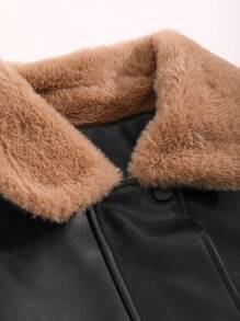 DAZY Chaqueta de PU gruesa y holgada con cinturón y cuello de piel sintética de estilo patchwork, abrigo casual de otoño/invierno para mujer - Negro - Ver 8