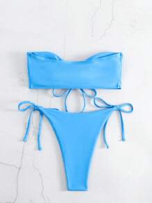 Swim Basics Summer Beach Tie Front Bandeau Tie Side Bikini Set - Baby Blue - View 2