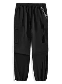 Manfinity RebelGame 男士側翻蓋口袋腰部抽繩工裝褲帶鏈子 - 黑色 - 查看 2