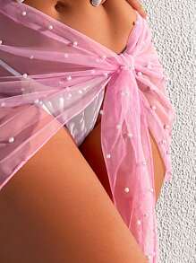 Swim Vcay Summer Beach Pearls Beaded Knot Side Sheer Mesh Cover Up Skirt - Baby Pink - View 4