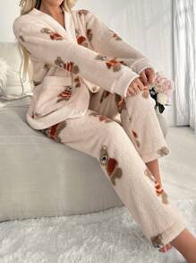 熊图案落肩法兰绒睡衣套装 / 睡衣套装 - 米色 - 查看 5