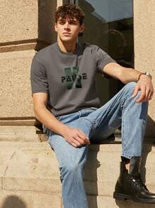 男士字母圖案T恤 - 深灰色 - 查看 3