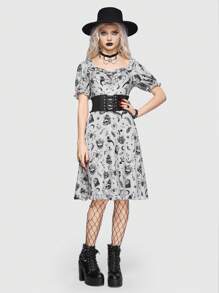 ROMWE Goth In Toàn bộ Lá sen tỉa Đầm Không có thắt lưng - Xám - Xem 3