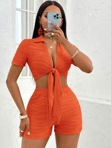 Zolique Tie Front Crop Top & Shorts - Orange - View 3