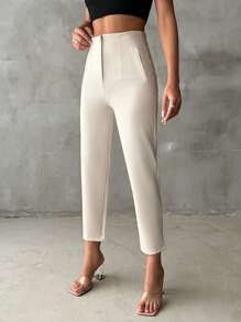 Cottnline 100%Cotton Solid Zipper Fly Cropped Tapered Pants - White - View 4