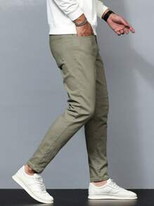 Manfinity Homme Men Solid Slant Pocket Skinny Jeans Slim Fit Long Washed Skater Jean Cargo Plain Olive Green Work Business Casual Husband - Olive Green - View 8