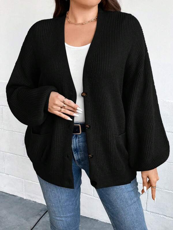 SHEIN Unity Plus Lantern Sleeve Pocket Patched Cardigan, For Winter Fall