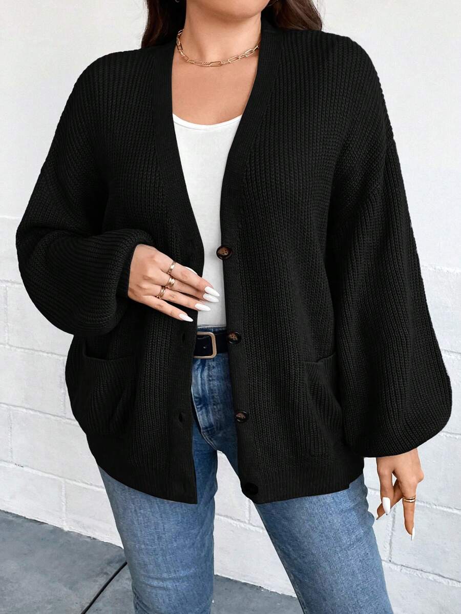 SHEIN Unity Oversize Laternenärmeln Ärmel Taschen Flicken Cardigan, für den Winter