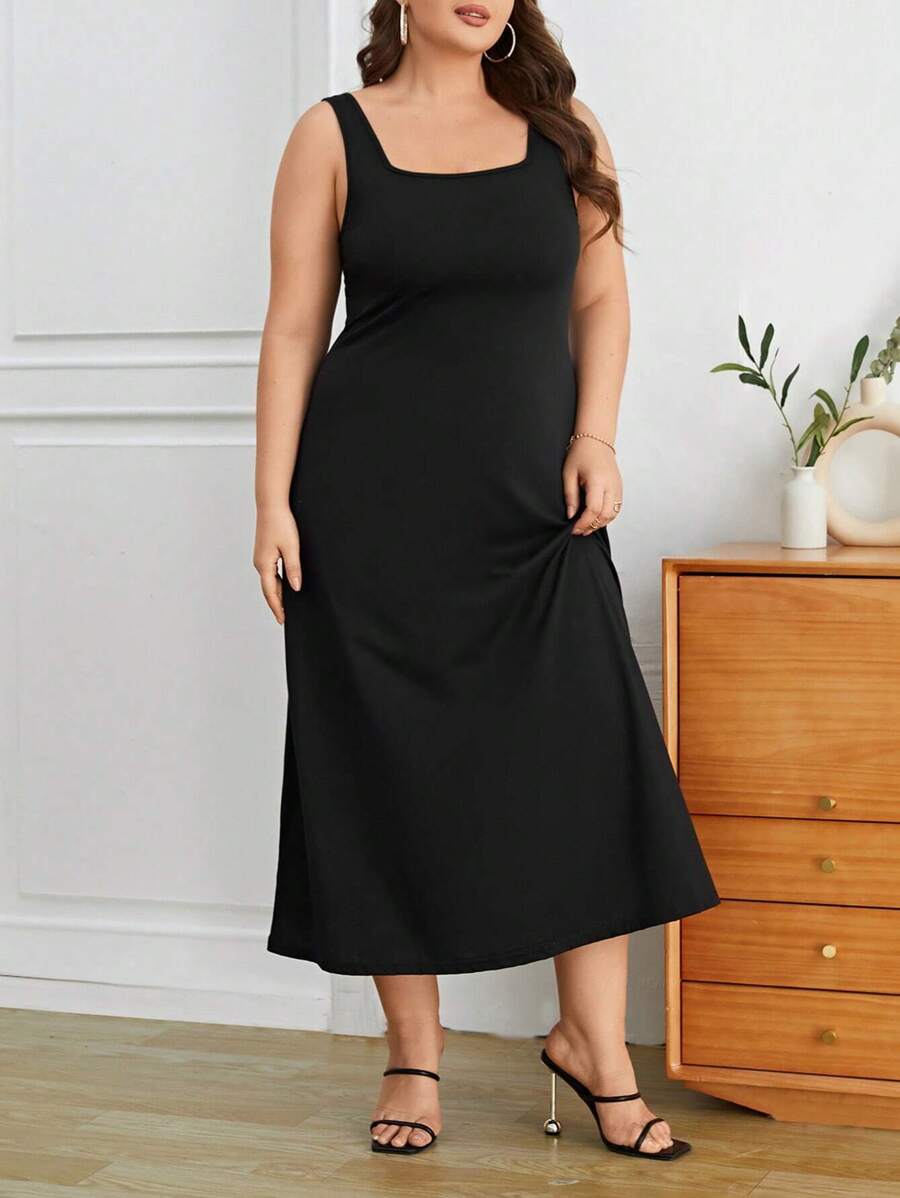 SHEIN Privé Plus Solid Tank Dress - Black - View 1