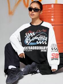 SHEIN EZwear Letter Graphic Drop Shoulder Sweatshirt - Black and White - View 6