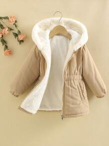 SHEIN Young Girl Zip Up Elastic Waist Hooded Thermal Lined Coat - Coffee Brown - View 1