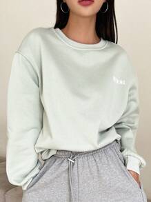 DAZY 標語圖案落肩袖加絨內裏運動衫 - 綠色 - 查看 2