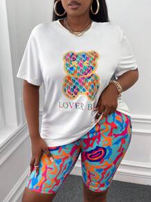 Slaydiva Áo thun họa tiết gấu & chữ Plus & quần short biker in toàn thân cho mùa hè - Nhiều màu - Xem 5