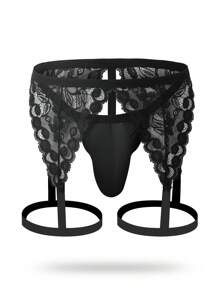 Men's Black Lace Cut Out Crotchless Underwear Naughty Lingerie - Black - View 1