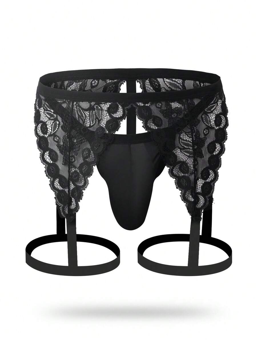 Men's Black Lace Cut Out Crotchless Underwear Naughty Lingerie - Black - View 1