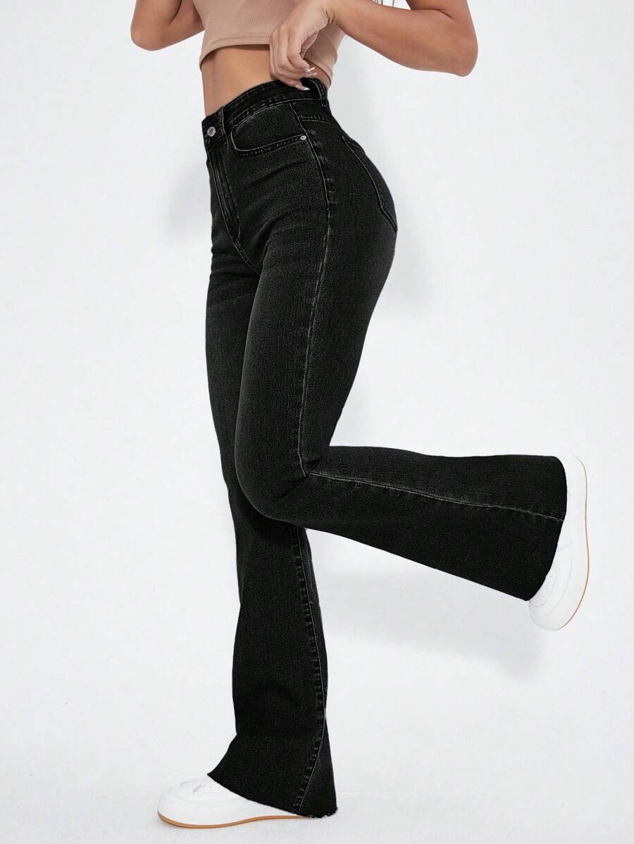 High Waist Flare Leg Jeans - Black - View 1