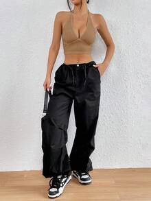 SHEIN EZwear 素色露背繞頸短上衣 - 卡其色 - 查看 4