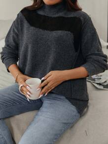 SHEIN LUNE Plus Contrast Mesh Mock Neck Drop Shoulder Sweater - Dark Grey - View 5