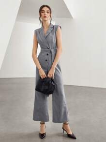Seusyu 缺口領單排釦腰帶連身褲 - 灰色 - 查看 4