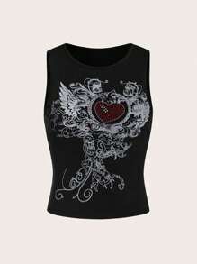SHEIN ICON Heart & Wing Print Crop Tank Top - Black - View 2