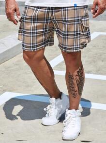 Manfinity Homme Men Plus Plaid Print Flap Pocket Drawstring Waist Shorts - Khaki - View 3