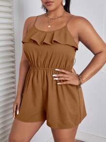 Dreamara 大碼荷葉邊吊帶連體短褲 - 棕色 - 查看 5
