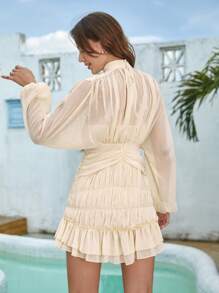 Soleia Mock Neck Lantern Sleeve Ruched Ruffle Hem Dress - Beige - View 2