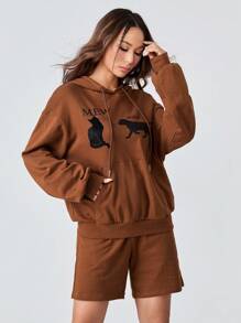 SHEINNeu Shorts con capucha con estampado de dibujos animados de hombros caídos con cordón - Marrón - Ver 4